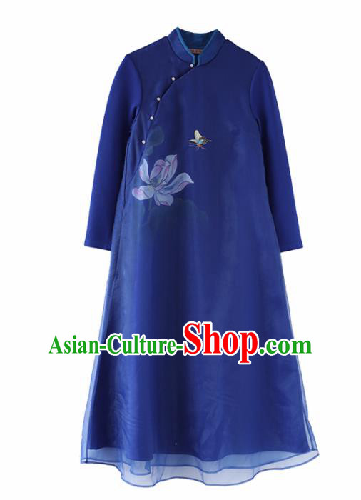 Chinese National Costume Traditional Cheongsam Classical Printing Lotus Deep Blue Qipao Dress for Women