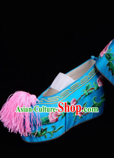Professional Chinese Beijing Opera Shoes Ancient Princess Blue Embroidered Shoes for Women