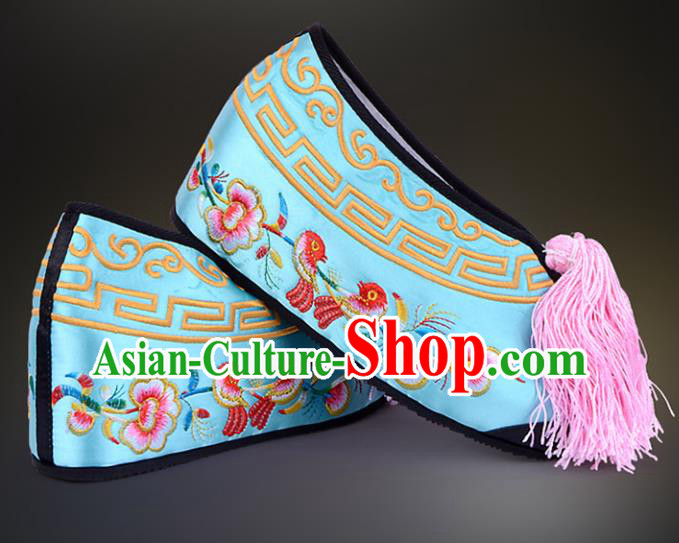 Professional Chinese Beijing Opera Actress Shoes Ancient Princess Blue Embroidered Shoes for Women