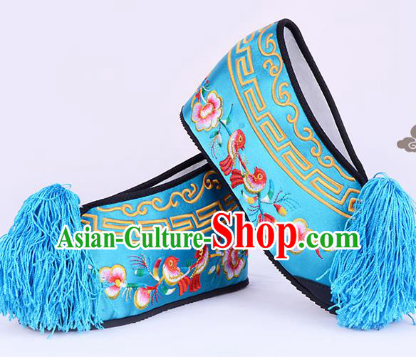 Professional Chinese Beijing Opera Actress Shoes Ancient Princess Lake Blue Embroidered Shoes for Women