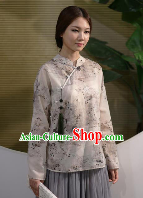 Chinese National Costume Traditional Classical Cheongsam Printing Silk Blouse for Women