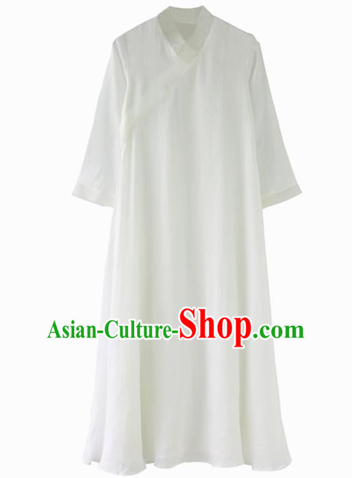 Chinese National Costume Traditional Cheongsam Classical White Linen Qipao Dress for Women