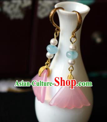 Chinese Ancient Traditional Handmade Pink Fan Earrings Classical Ear Accessories for Women