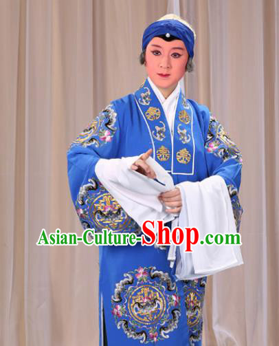 Professional Chinese Traditional Beijing Opera Old Female Costume Embroidered Blue Dress for Adults
