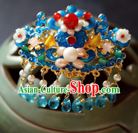 Chinese Ancient Handmade Cloisonne Pearls Hair Crown Hairpins Traditional Classical Hair Accessories for Women