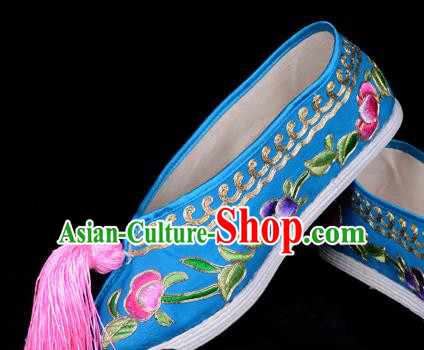 Professional Chinese Beijing Opera Princess Shoes Ancient Peri Blue Embroidered Shoes for Women