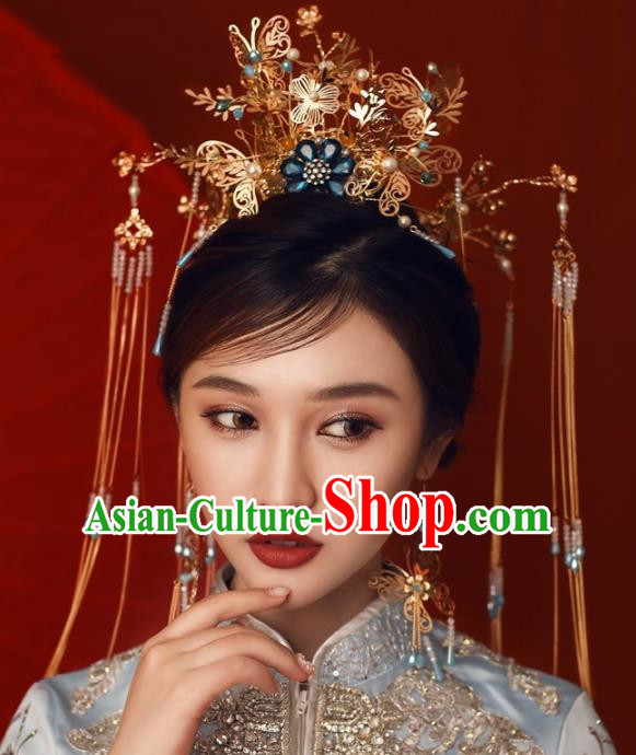 Chinese Ancient Bride Hairpins Golden Butterfly Tassel Phoenix Coronet Traditional Hair Accessories Headdress for Women