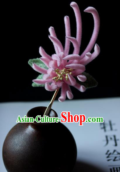Top Grade Chinese Ancient Palace Pink Velvet Chrysanthemum Hairpins Traditional Hair Accessories Headdress for Women