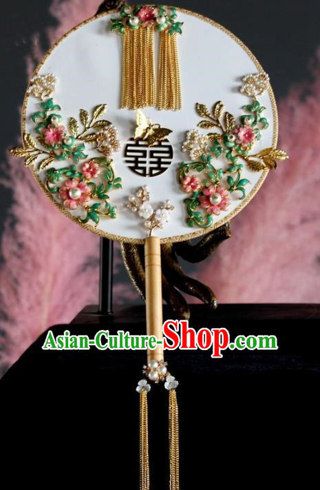 Chinese Handmade Classical Cloisonne Palace Fans Wedding Bride Accessories Round Fan for Women