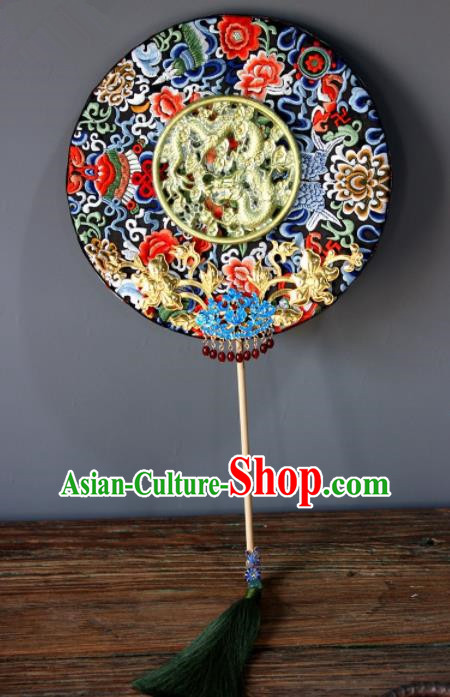 Chinese Handmade Classical Carving Dragons Palace Fans Wedding Bride Accessories Round Fan for Women