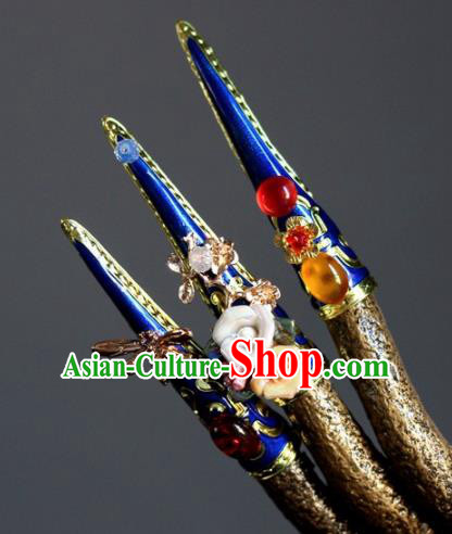 Chinese Handmade Blue Nail Wrap Traditional Ancient Palace Lady Fingerstalls for Women
