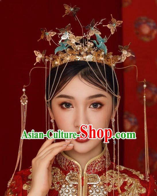 Chinese Ancient Bride Hairpins Butterfly Tassel Phoenix Coronet Traditional Hair Accessories Headdress for Women