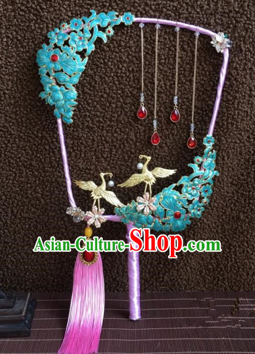 Chinese Handmade Bride Classical Cranes Cloisonne Palace Fans Wedding Accessories Round Fan for Women