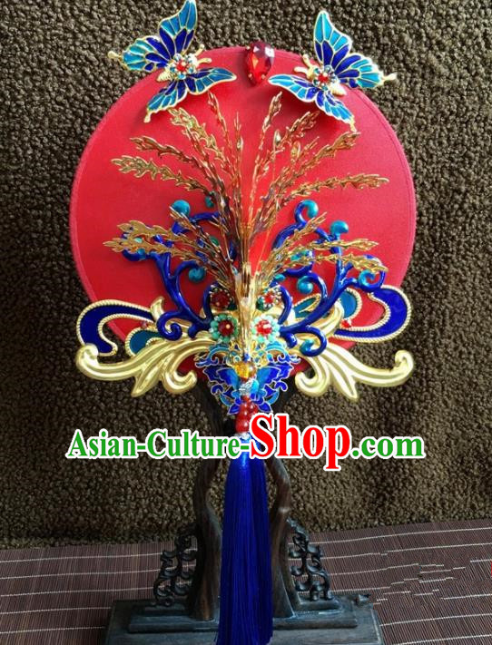 Chinese Handmade Bride Classical Cloisonne Red Palace Fans Wedding Accessories Round Fan for Women