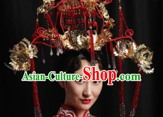 Top Grade Chinese Ancient Queen Hairpins Red Beads Tassel Phoenix Coronet Traditional Hair Accessories Headdress for Women