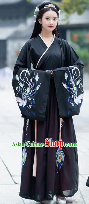 Traditional Chinese Jin Dynasty Palace Black Hanfu Dress Ancient Princess Embroidered Replica Costume for Women
