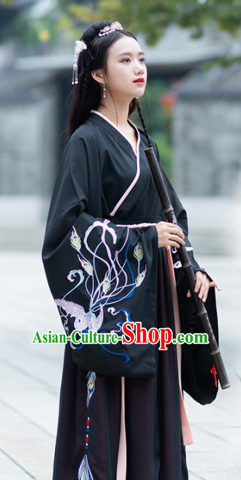 Traditional Chinese Jin Dynasty Palace Black Hanfu Dress Ancient Princess Embroidered Replica Costume for Women