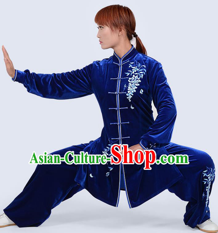 Chinese Traditional Kung Fu Embroidered Royalblue Pleuche Costume Martial Arts Tai Ji Competition Clothing for Women