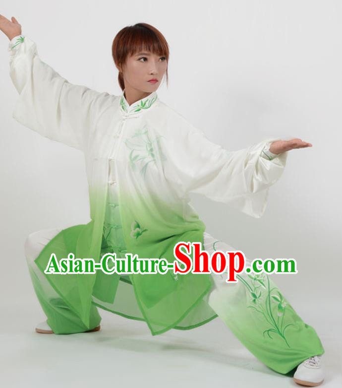 Chinese Traditional Kung Fu Printing Orchid Green Costume Martial Arts Tai Ji Competition Clothing for Women