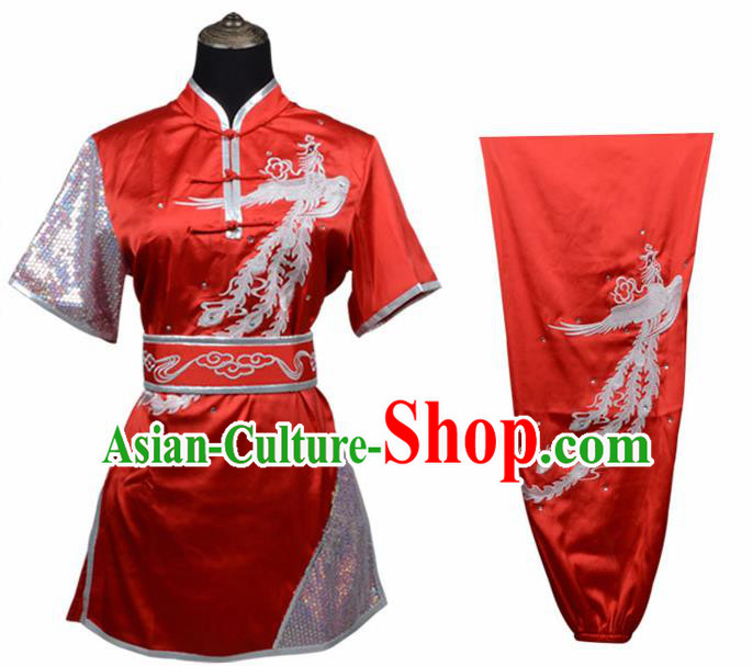 Chinese Traditional Kung Fu Printing Phoenix Wine Red Costume Martial Arts Competition Clothing for Women
