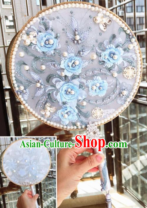 Chinese Handmade Bride Blue Flowers Palace Fans Wedding Accessories Classical Round Fan for Women