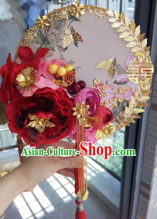 Chinese Handmade Bride Red Peony Palace Fans Wedding Accessories Classical Round Fan for Women