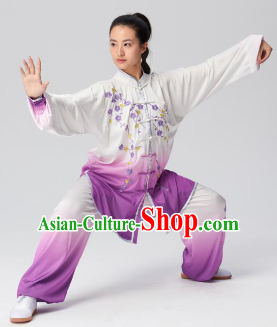 Chinese Traditional Kung Fu Tai Chi Group Embroidered Plum Blossom Purple Costume Martial Arts Competition Clothing for Women