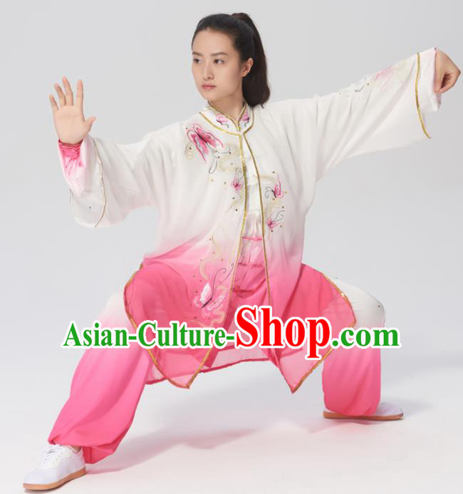 Chinese Traditional Tai Chi Group Embroidered Butterfly Rosy Costume Martial Arts Kung Fu Competition Clothing for Women
