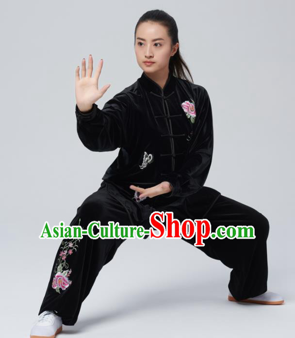 Chinese Traditional Tai Chi Group Black Velvet Costume Martial Arts Kung Fu Competition Embroidered Peony Clothing for Women
