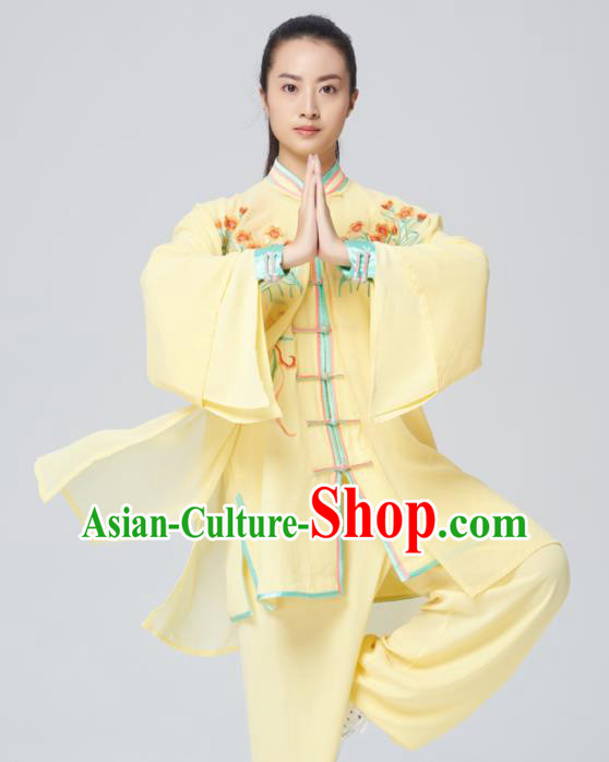 Chinese Traditional Tai Chi Group Yellow Costume Martial Arts Kung Fu Competition Embroidered Clothing for Women