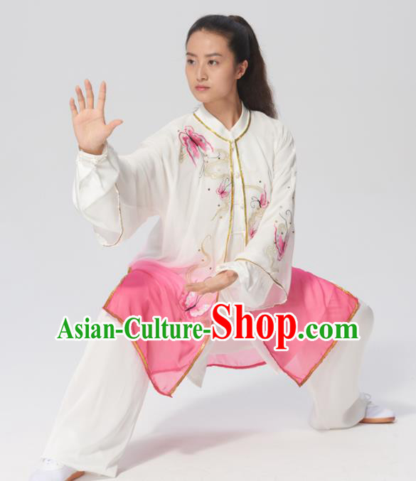 Chinese Traditional Tai Chi Group Embroidered Butterfly Pink Costume Martial Arts Kung Fu Competition Clothing for Women