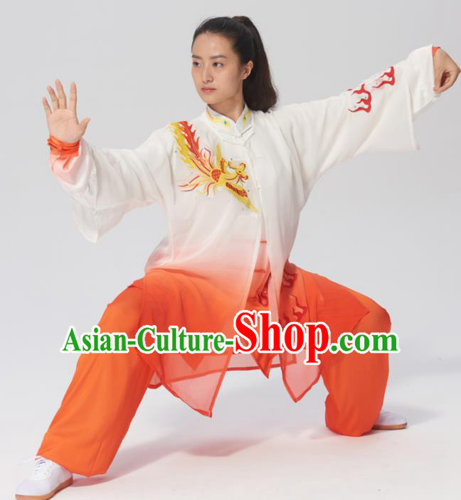 Chinese Traditional Tai Chi Group Embroidered Phoenix Orange Costume Martial Arts Kung Fu Competition Clothing for Women