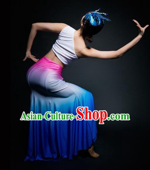 Chinese Traditional Dai Nationality Dance Costume Ethnic Peacock Dance Blue Dress for Women