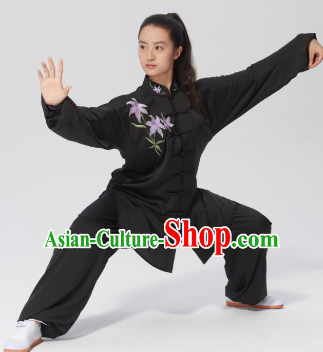 Chinese Traditional Tai Chi Group Embroidered Orchid Black Costume Martial Arts Kung Fu Competition Clothing for Women