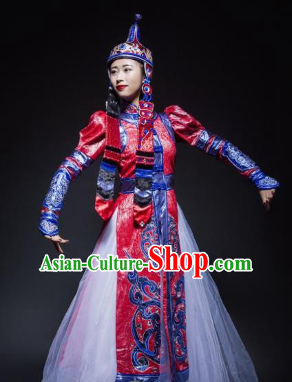 Chinese Traditional Mongol Nationality Costume Mongolian Ethnic Dance Embroidery Red Dress for Women