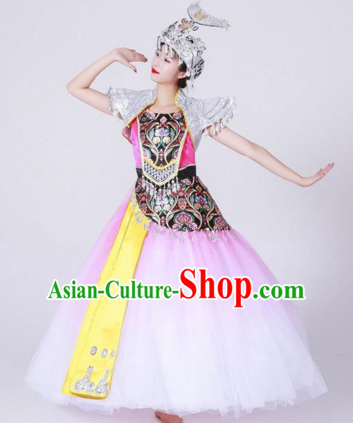 Chinese Traditional Miao Nationality Costume Hmong Ethnic Folk Dance Pink Dress for Women