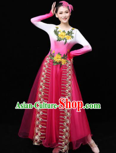 Chinese Traditional Chorus Rosy Veil Dress Opening Dance Modern Dance Stage Performance Costume for Women