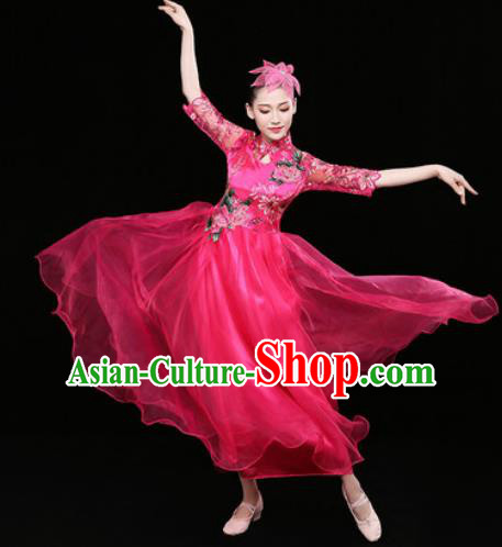 Chinese Traditional Chorus Rosy Dress Spring Festival Gala Dance Stage Performance Costume for Women