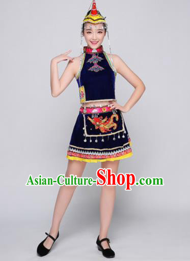 Traditional Chinese Miao Nationality Folk Dance Royal Blue Dress Hmong National Ethnic Costume for Women