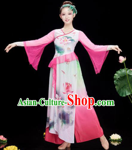 Chinese Traditional Umbrella Dance Printing Lotus Pink Dress Classical Dance Stage Performance Costume for Women