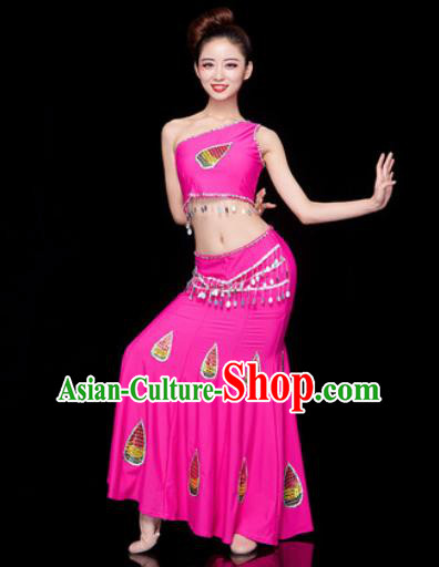 Traditional Chinese Dai Nationality Folk Dance Rosy Dress National Ethnic Peacock Dance Costume for Women