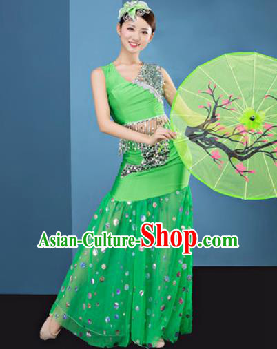 Traditional Chinese Dai Nationality Folk Dance Green Veil Dress National Ethnic Peacock Dance Costume for Women