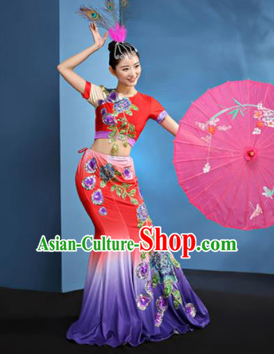 Traditional Chinese Dai Nationality Folk Dance Red Dress National Ethnic Peacock Dance Costume for Women