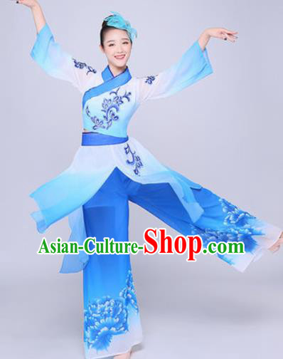 Chinese Traditional Folk Dance Group Dance Blue Clothing Yangko Fan Dance Costume for Women