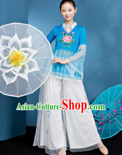 Traditional Chinese Folk Dance Blue Veil Clothing Yangko Dance Fan Dance Costume for Women