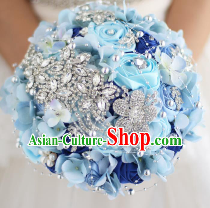 Top Grade Wedding Bridal Bouquet Hand Blue Roses Tied Bouquet Flowers for Women