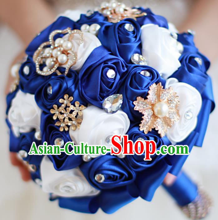 Top Grade Wedding Bridal Bouquet Hand Emulational Royal Blue Roses Tied Bouquet Flowers for Women