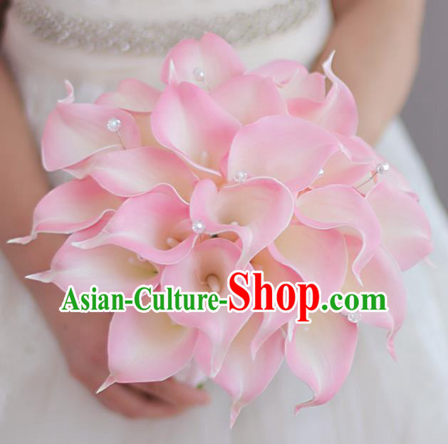Top Grade Wedding Bridal Bouquet Hand Pink Common Callalily Ball Tied Bouquet Flowers for Women