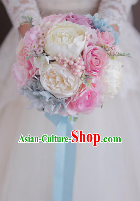 Top Grade Wedding Bridal Bouquet Hand White and Pink Peony Ball Tied Bouquet Flowers for Women