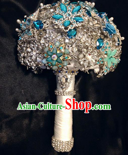 Top Grade Wedding Bridal Bouquet Hand Blue Crystal Ball Tied Bouquet Flowers for Women